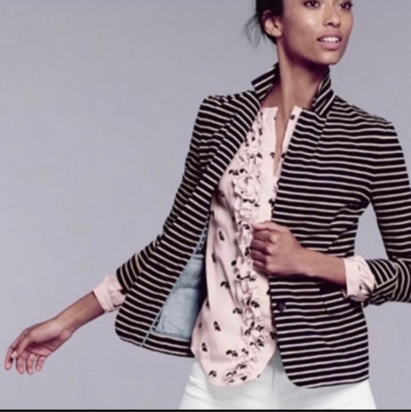 J.Crew Woman Maritime Blazer Jacket Black Tan Striped Button Front Collared M - Picture 11 of 11